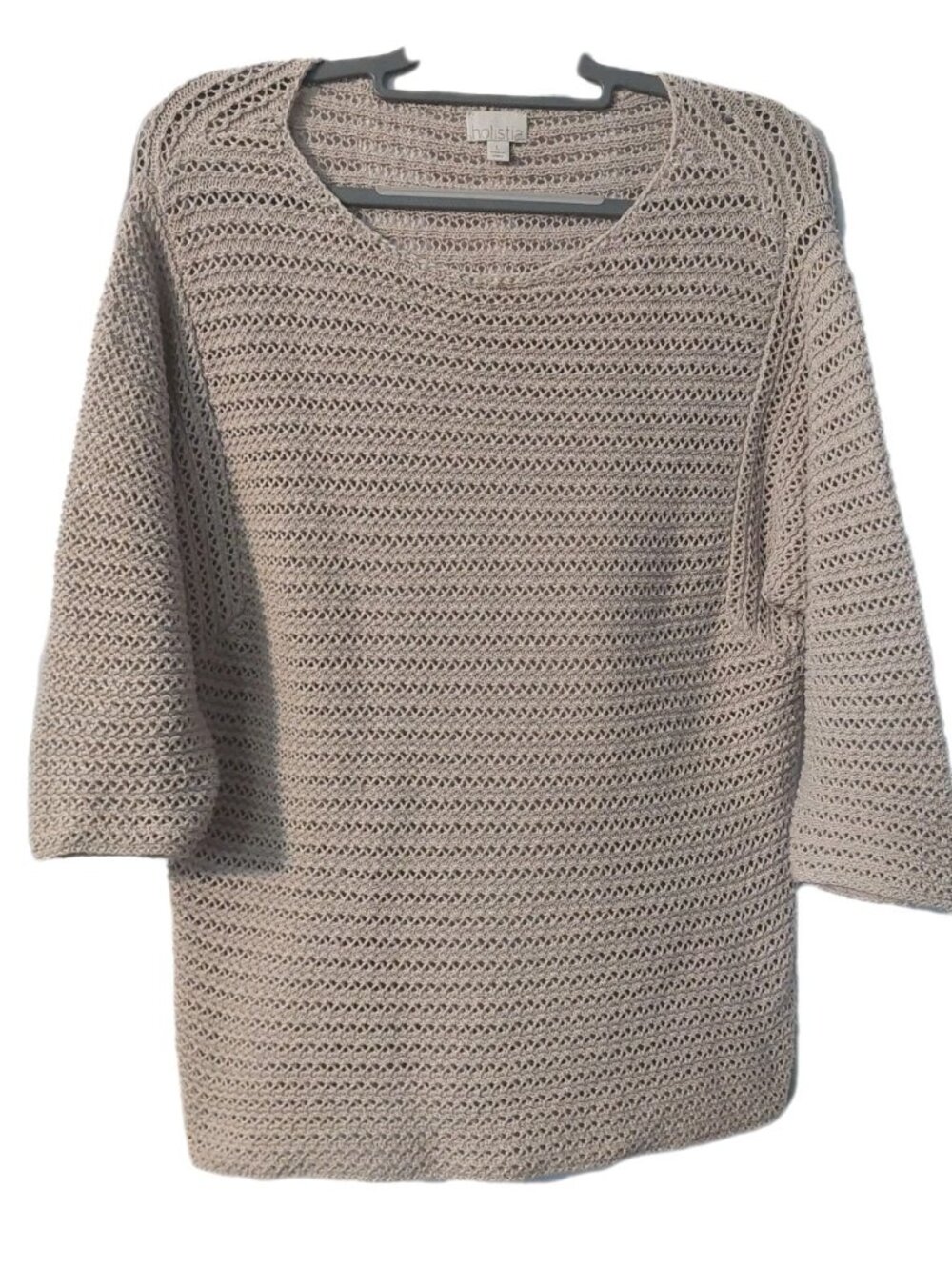 Holistia Womens Sweater Size Large Open Knit Short Sleeve Khaki Beach Boho
